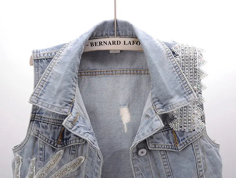 fashion Lace Beaded Denim Vest Women Cardigan 2025 New spring  Sleeveless Jacket Fashion Loose Vintage jeans Waistcoat tide R359