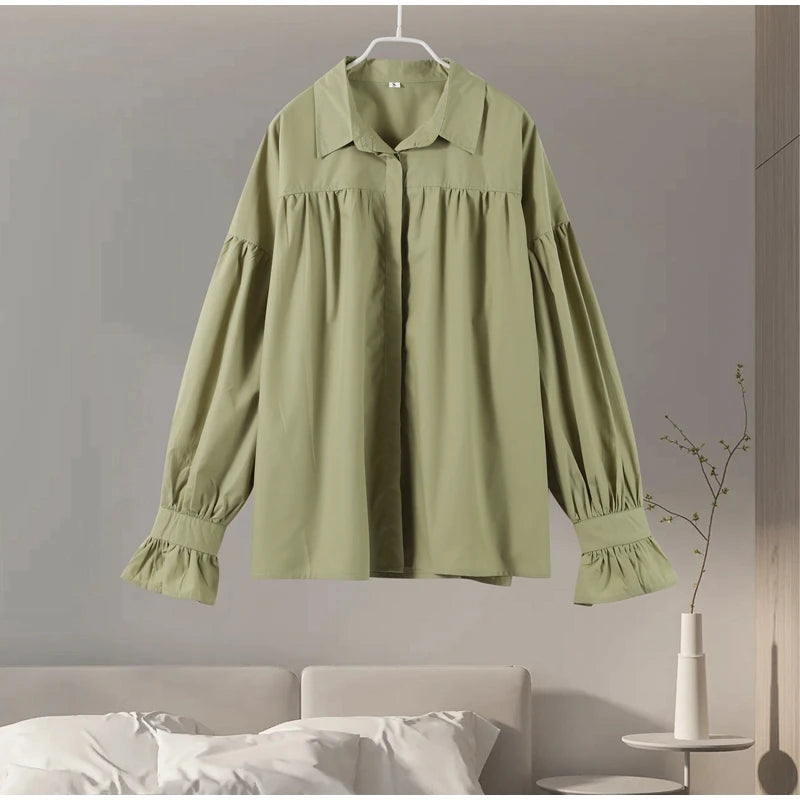 Casual Shirts Women Loose Lantern Sleeve Buttons Turn-Down Collar Pleated Blouse Lady Spring Summer Green Shirts Woman All-match