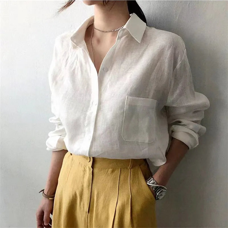Korean Fashion Lady Thin Soft Linen Blouse 2025 Summer Spring Design Long Sleeves Loose Women Shirts