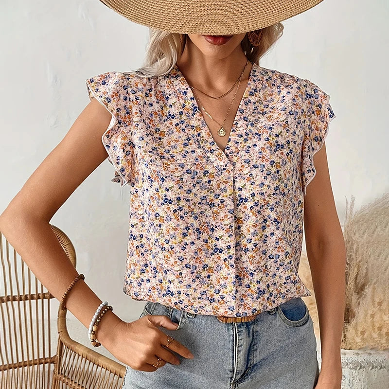 2024 spring/summer new short fragment flower sleeve top France gentle and sweet V-neck fiber breathable slim body
