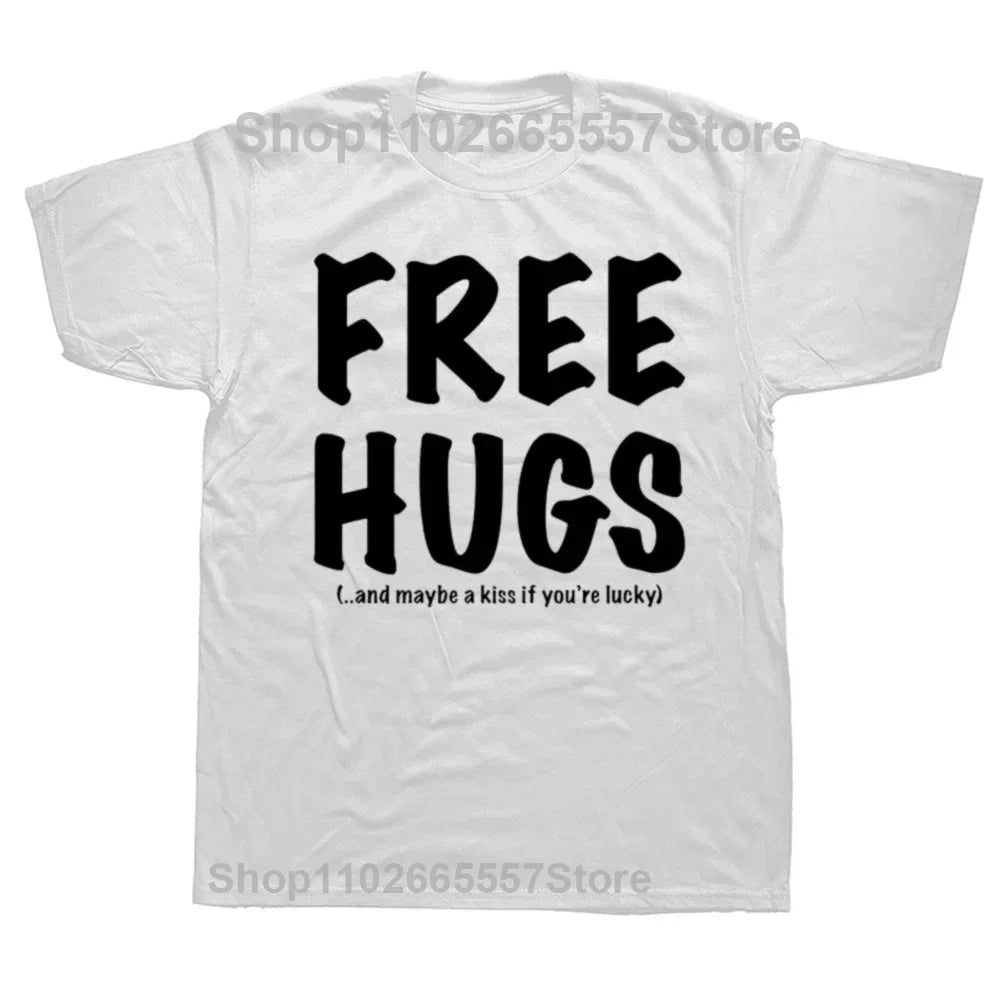 Free Hugs And Maybe A Kiss Graphic Print Tops Men Oversized New Funny T-shirt Summer Hip Hop Short Sleeve Crewneck T Shirts