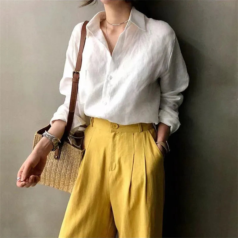 Korean Fashion Lady Thin Soft Linen Blouse 2025 Summer Spring Design Long Sleeves Loose Women Shirts