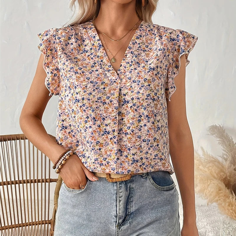 2024 spring/summer new short fragment flower sleeve top France gentle and sweet V-neck fiber breathable slim body