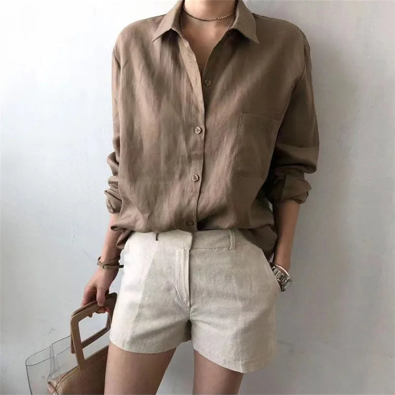 Korean Fashion Lady Thin Soft Linen Blouse 2025 Summer Spring Design Long Sleeves Loose Women Shirts
