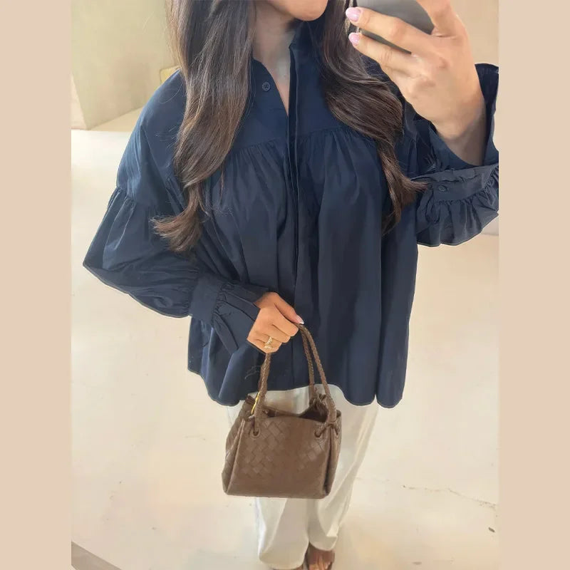 Casual Shirts Women Loose Lantern Sleeve Buttons Turn-Down Collar Pleated Blouse Lady Spring Summer Green Shirts Woman All-match