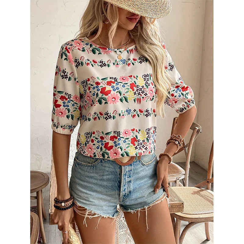 Spring and summer new fashion printed women's short sleeve flower shirt no rules design women's loose casual shirt sweet wind ro