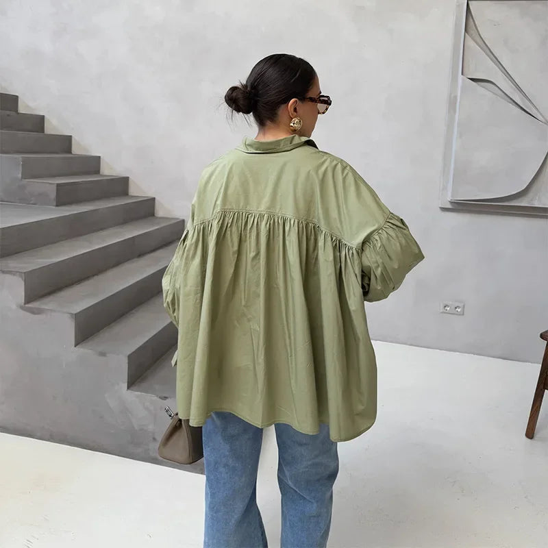 Casual Shirts Women Loose Lantern Sleeve Buttons Turn-Down Collar Pleated Blouse Lady Spring Summer Green Shirts Woman All-match