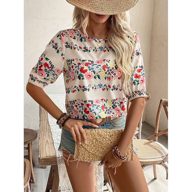 Spring and summer new fashion printed women's short sleeve flower shirt no rules design women's loose casual shirt sweet wind ro
