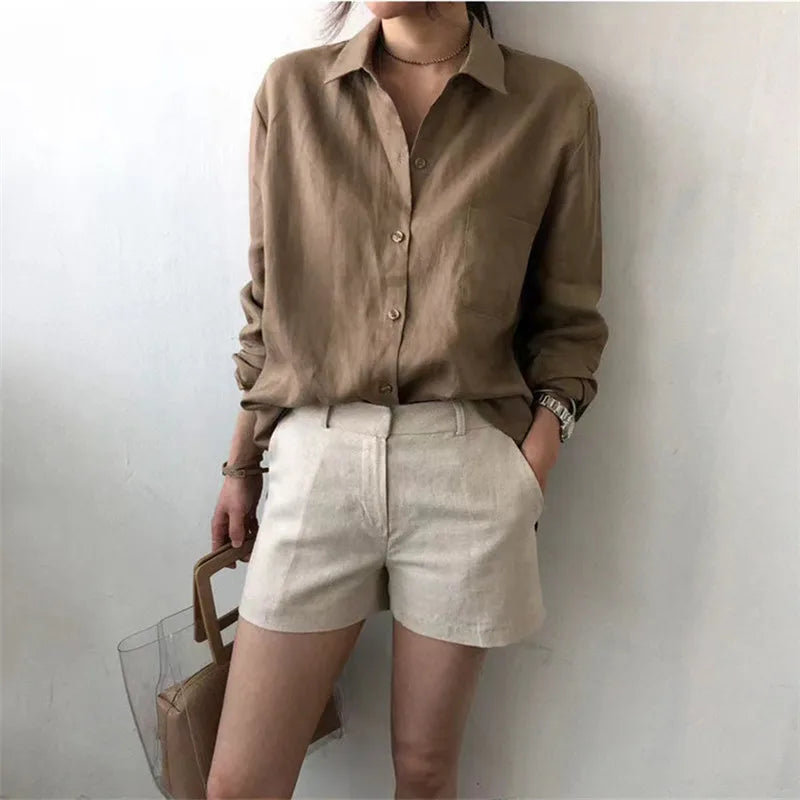 Korean Fashion Lady Thin Soft Linen Blouse 2025 Summer Spring Design Long Sleeves Loose Women Shirts