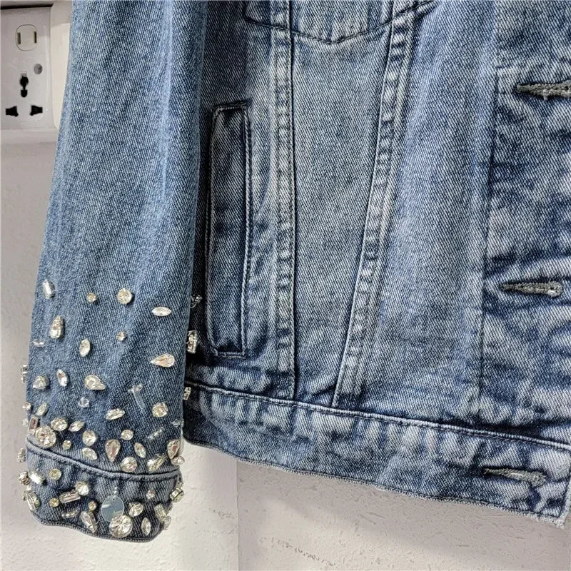 Retro Crystal Denim Coat Diamonds Beaded Jeans Bomber Jacket Cardigan Gemstones Cowboy Rhinestones Streetwear Tops Chaquetas