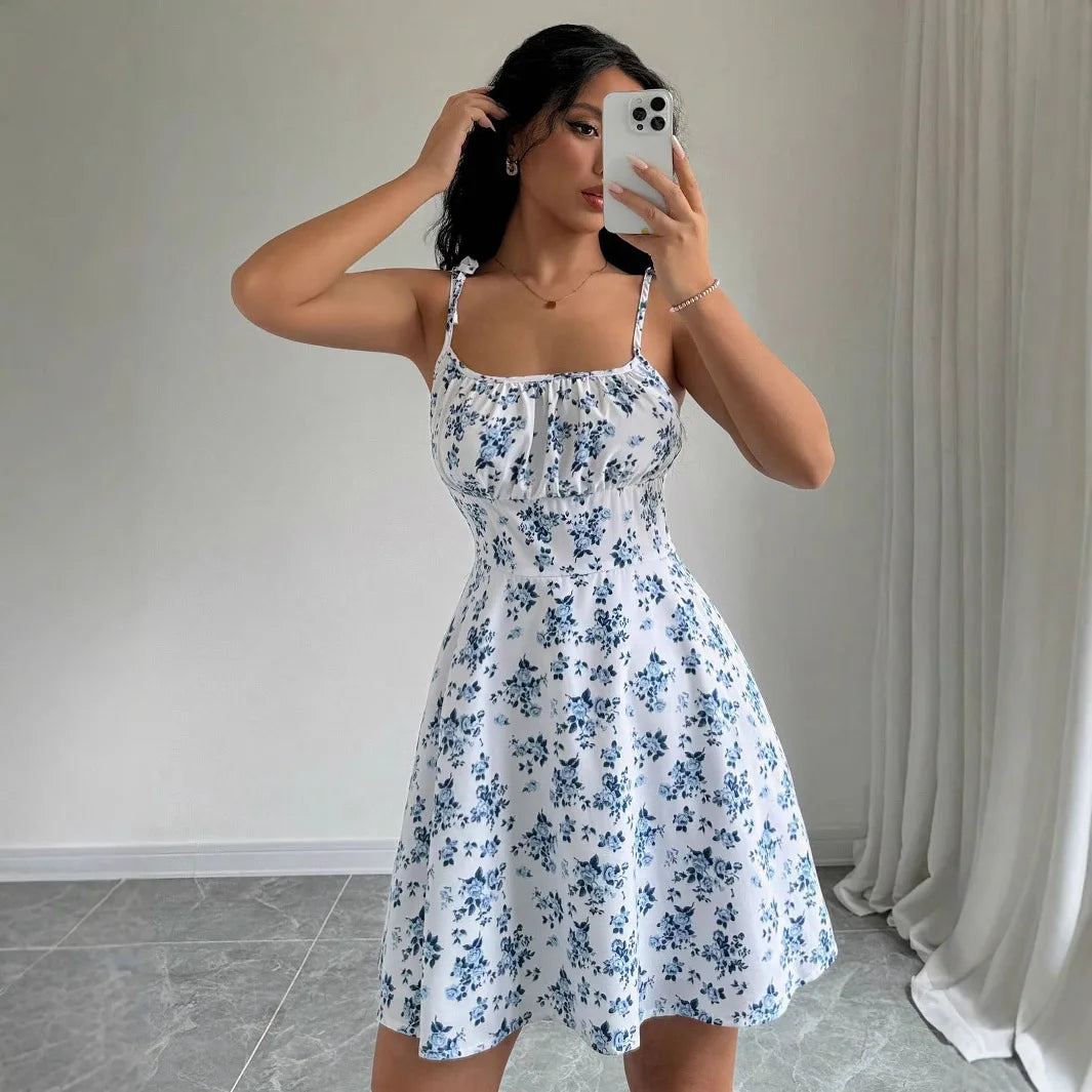 Floral Strap Short Dress Square Neck Summer Women's Strap Floral Dress Fashion Daily Women's Wear 2025 Floral Strap Dress