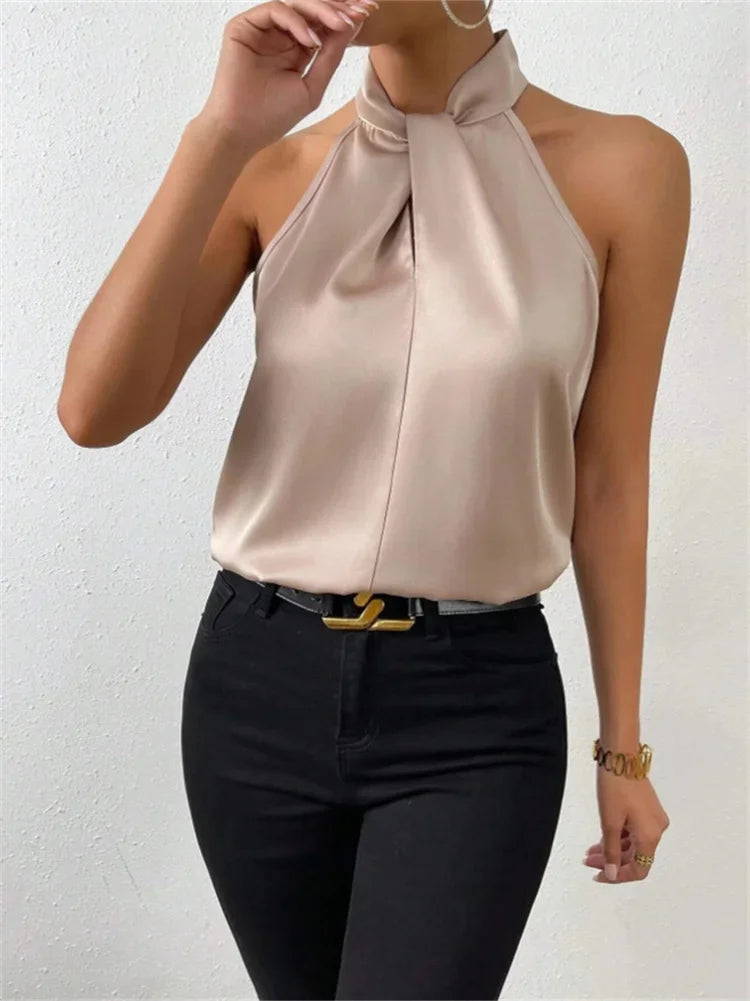 Summer new European and American women's color Ding halter sleeveless vest satin imitation silk blouse