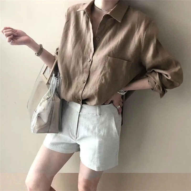 Korean Fashion Lady Thin Soft Linen Blouse 2025 Summer Spring Design Long Sleeves Loose Women Shirts