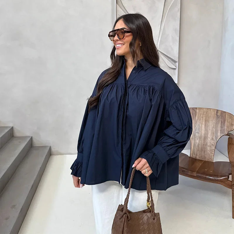 Casual Shirts Women Loose Lantern Sleeve Buttons Turn-Down Collar Pleated Blouse Lady Spring Summer Green Shirts Woman All-match