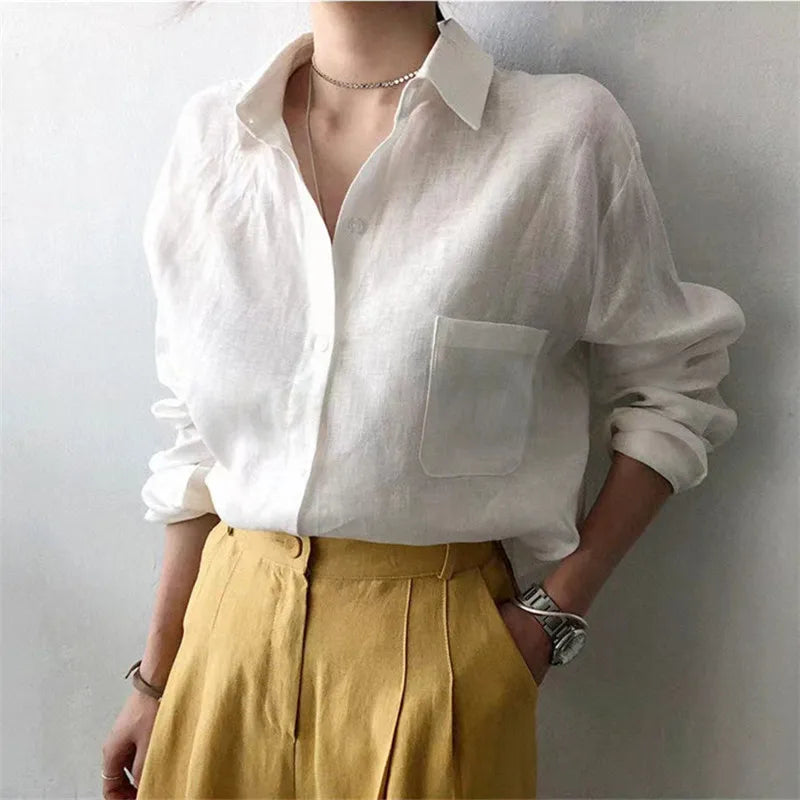 Korean Fashion Lady Thin Soft Linen Blouse 2025 Summer Spring Design Long Sleeves Loose Women Shirts