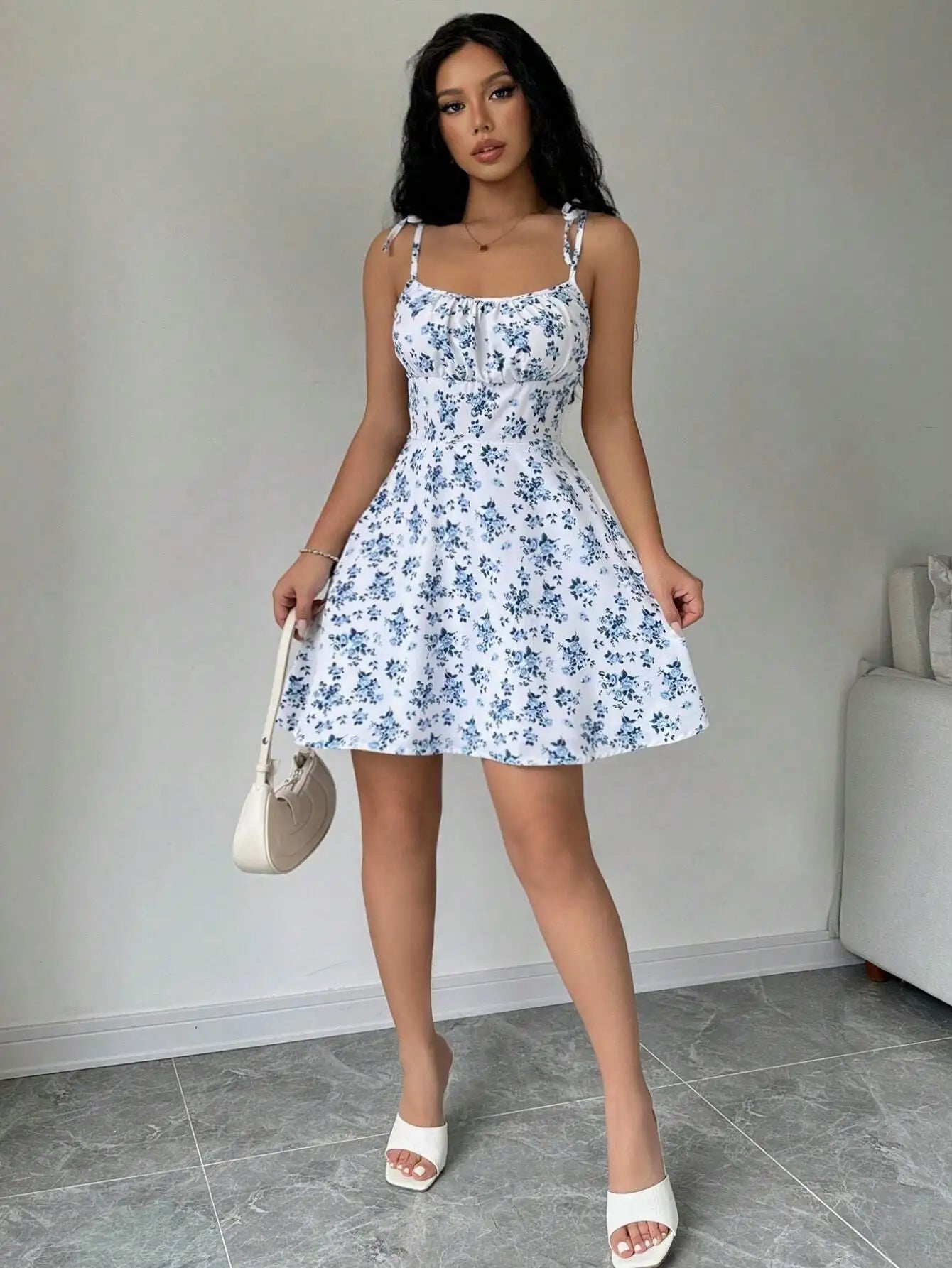 Floral Strap Short Dress Square Neck Summer Women's Strap Floral Dress Fashion Daily Women's Wear 2025 Floral Strap Dress