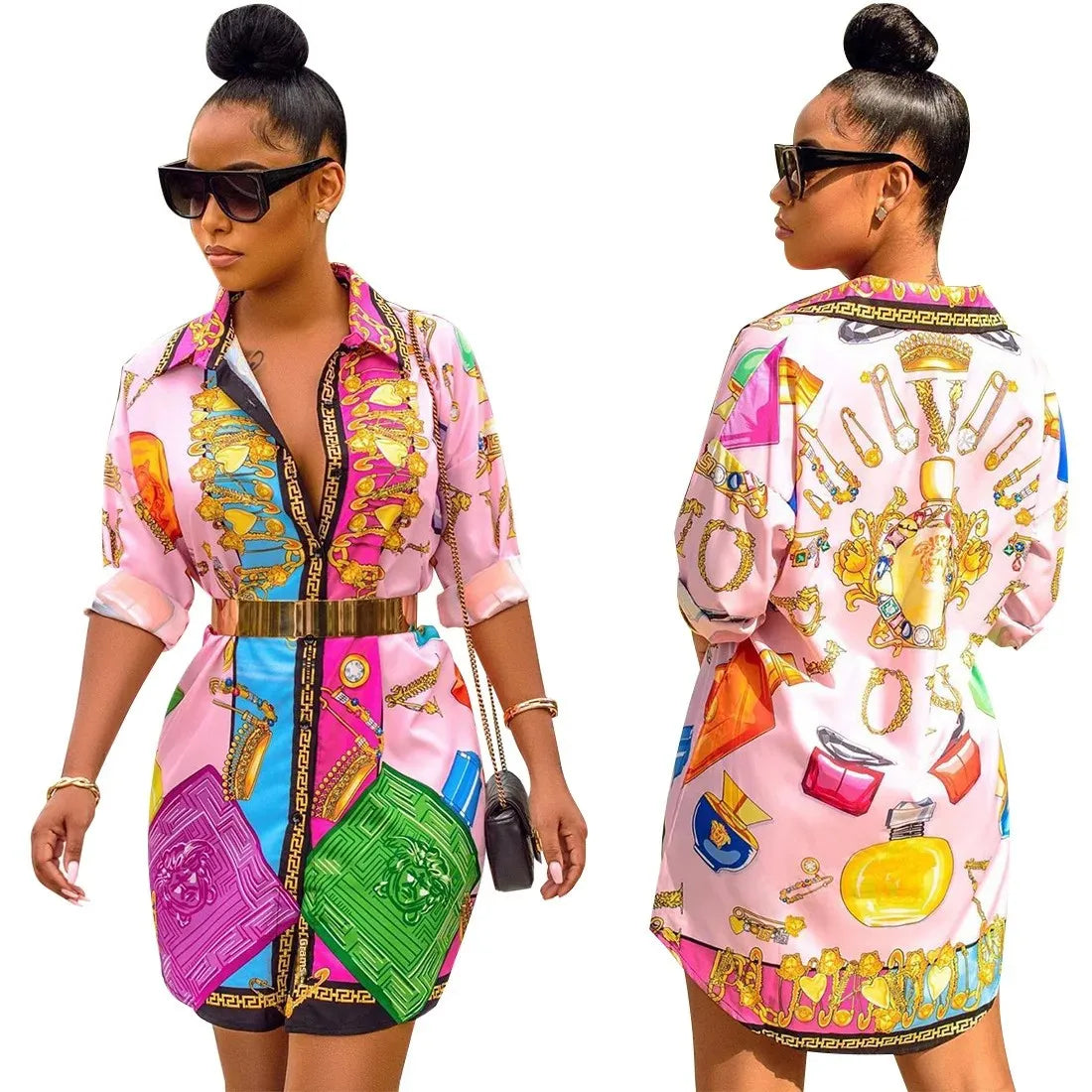 Casual Digital Loose-Fit J2136 Women's Shirt Dress With Button Fendered Printed Pattern Cross-Border Style For All Seasons