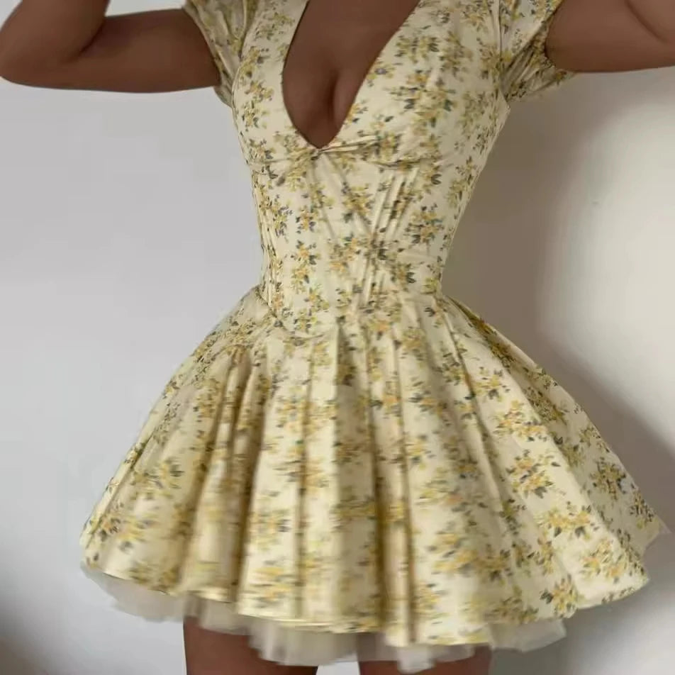 FZCSPEED Printed V-neck Puff Sleeve Mini Dress Floral Print High-waisted Bow Embellished Dress