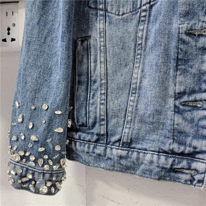 Retro Crystal Denim Coat Diamonds Beaded Jeans Bomber Jacket Cardigan Gemstones Cowboy Rhinestones Streetwear Tops Chaquetas
