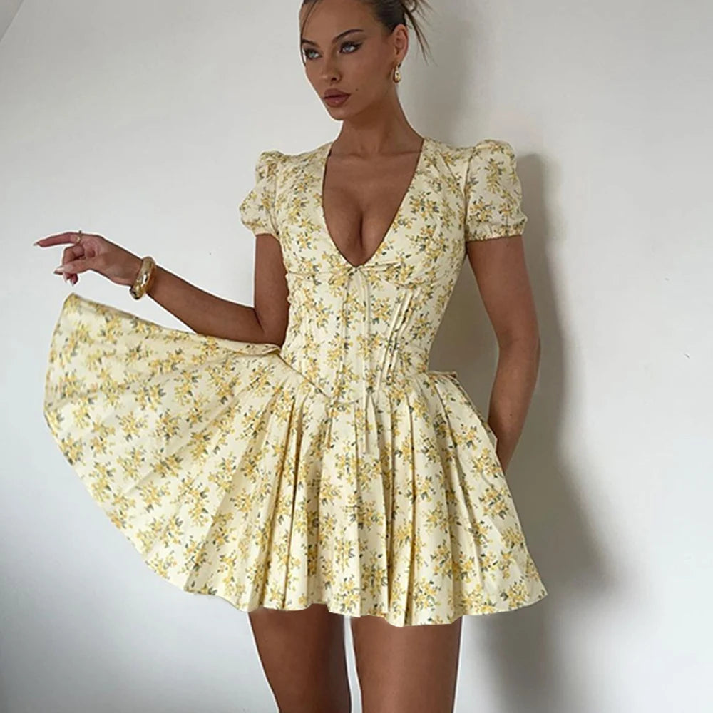 FZCSPEED Printed V-neck Puff Sleeve Mini Dress Floral Print High-waisted Bow Embellished Dress