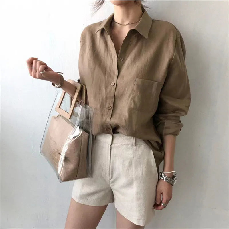 Korean Fashion Lady Thin Soft Linen Blouse 2025 Summer Spring Design Long Sleeves Loose Women Shirts