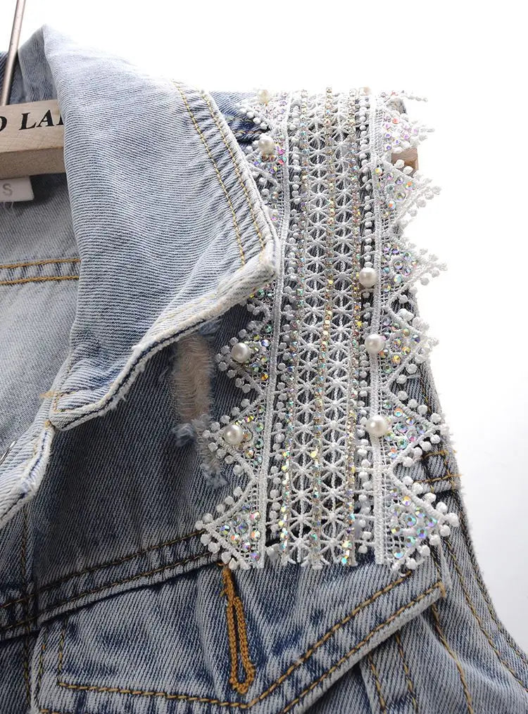 fashion Lace Beaded Denim Vest Women Cardigan 2025 New spring  Sleeveless Jacket Fashion Loose Vintage jeans Waistcoat tide R359