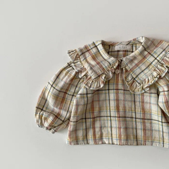 MILANCEL Girls Shirts Sweet Lapel Lace Shirts Kids Clothing Big Collar Plaid Casual Style Kids Girls Blouse Tops