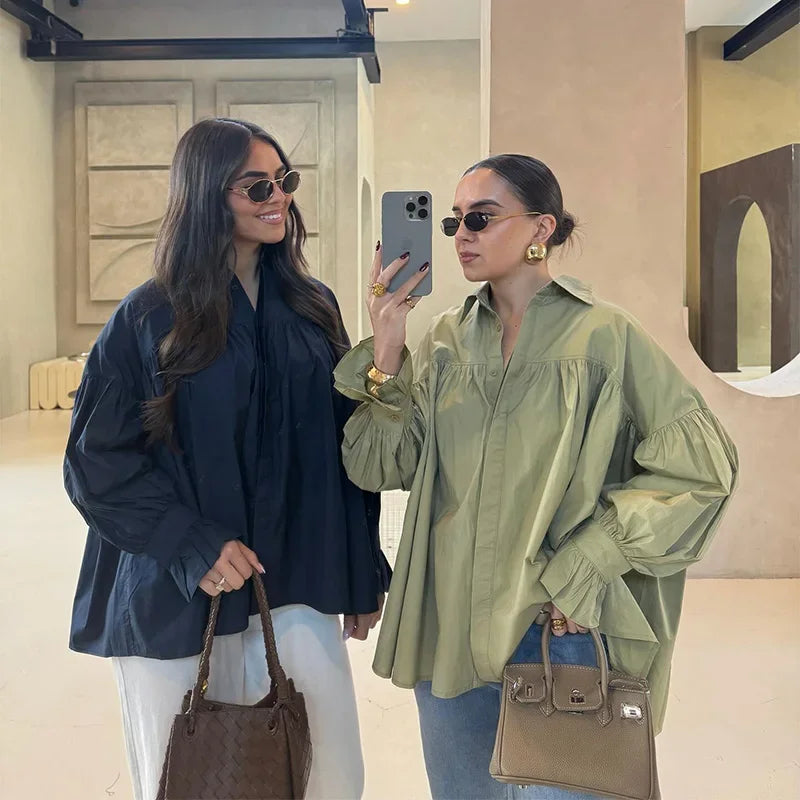 Casual Shirts Women Loose Lantern Sleeve Buttons Turn-Down Collar Pleated Blouse Lady Spring Summer Green Shirts Woman All-match
