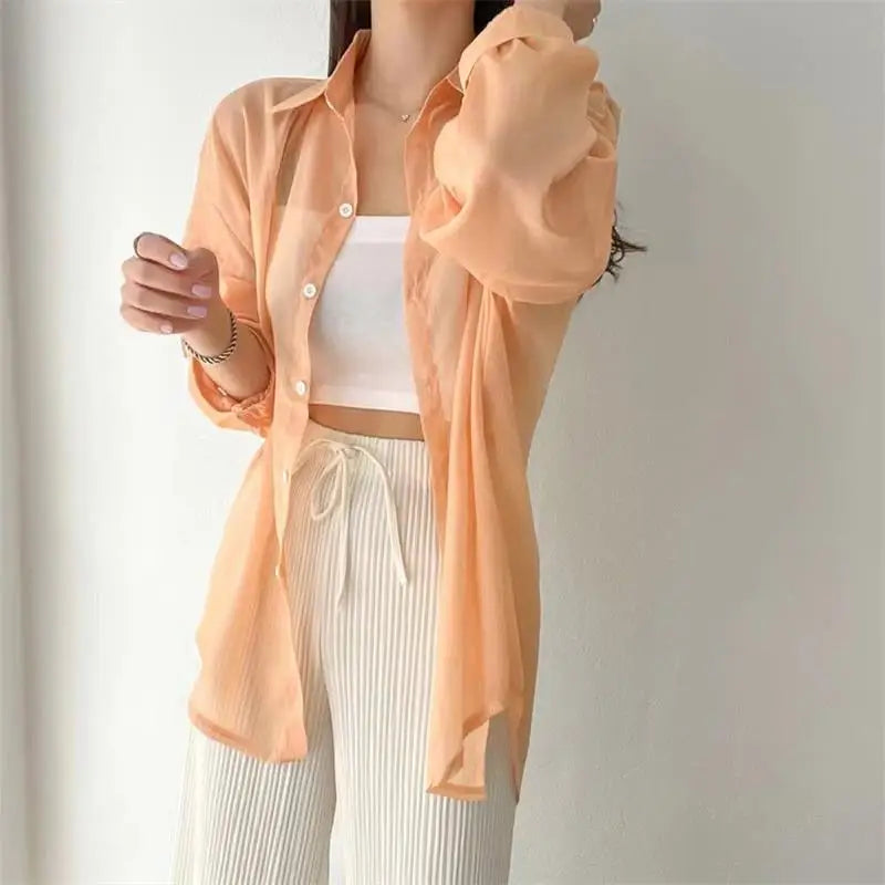 7 Colors Shirts Women Sheer Thin Chic Summer Simple Solid Sun-proof Tops Fashion Baggy All-match Basic Korean Style Sexy Clothes