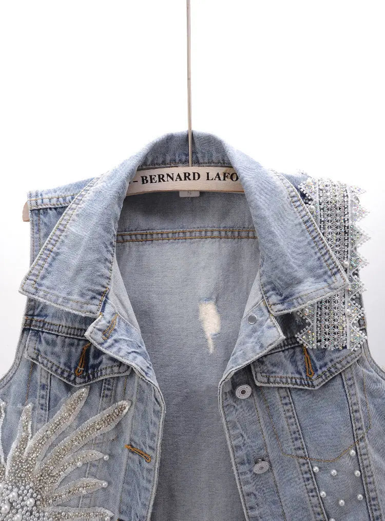 fashion Lace Beaded Denim Vest Women Cardigan 2025 New spring  Sleeveless Jacket Fashion Loose Vintage jeans Waistcoat tide R359