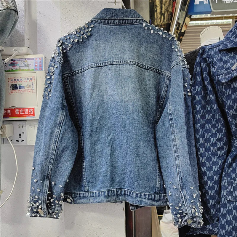 Retro Crystal Denim Coat Diamonds Beaded Jeans Bomber Jacket Cardigan Gemstones Cowboy Rhinestones Streetwear Tops Chaquetas