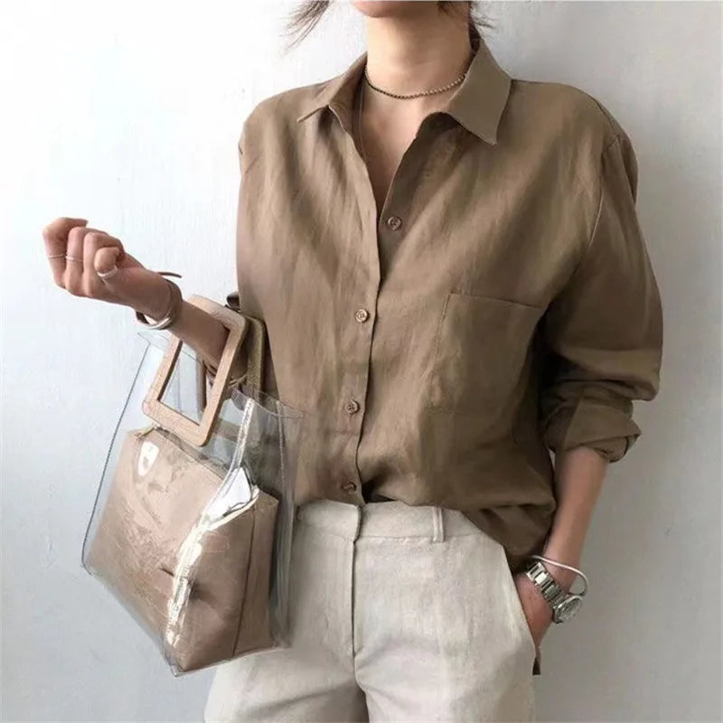 Korean Fashion Lady Thin Soft Linen Blouse 2025 Summer Spring Design Long Sleeves Loose Women Shirts