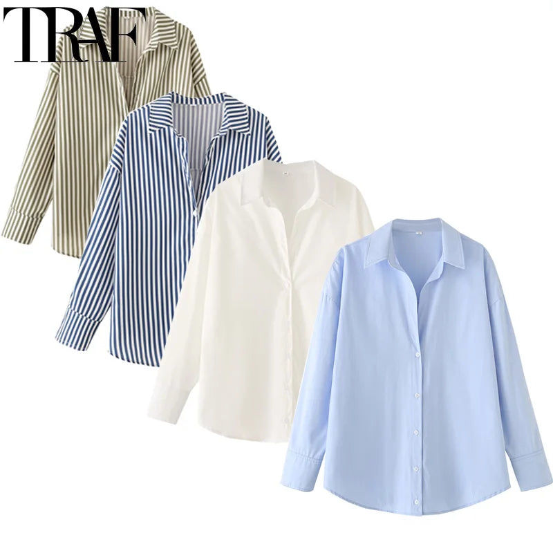 TRAF 2025 Shirts Blouses New Long Striped Shirt Women Long Sleeve Casual Shirts Large Tops Summer Plain Button Up Shirts 088