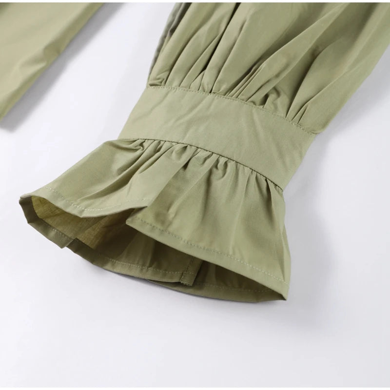Casual Shirts Women Loose Lantern Sleeve Buttons Turn-Down Collar Pleated Blouse Lady Spring Summer Green Shirts Woman All-match