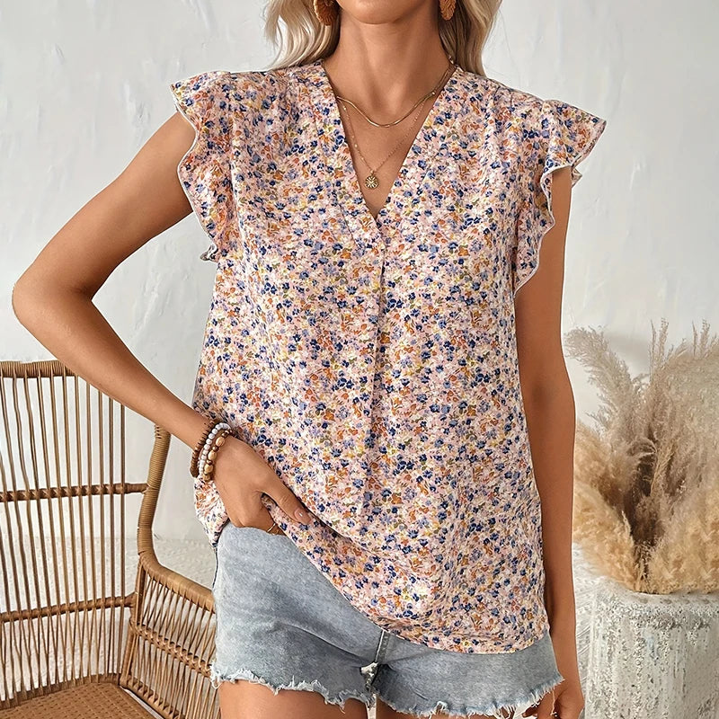2024 spring/summer new short fragment flower sleeve top France gentle and sweet V-neck fiber breathable slim body