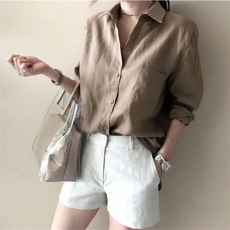 Korean Fashion Lady Thin Soft Linen Blouse 2025 Summer Spring Design Long Sleeves Loose Women Shirts