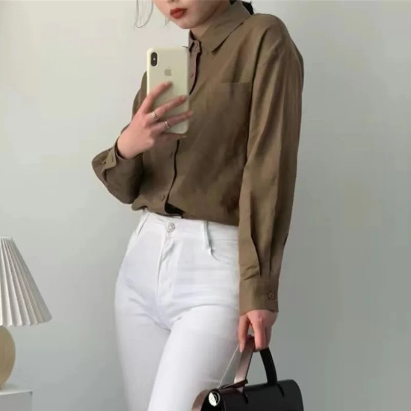 Korean Fashion Lady Thin Soft Linen Blouse 2025 Summer Spring Design Long Sleeves Loose Women Shirts