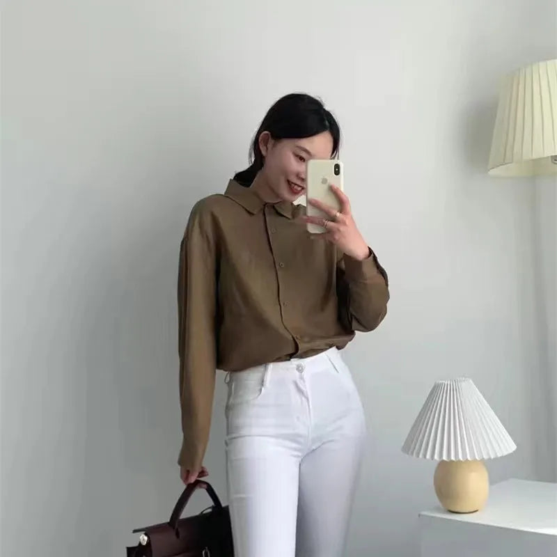 Korean Fashion Lady Thin Soft Linen Blouse 2025 Summer Spring Design Long Sleeves Loose Women Shirts