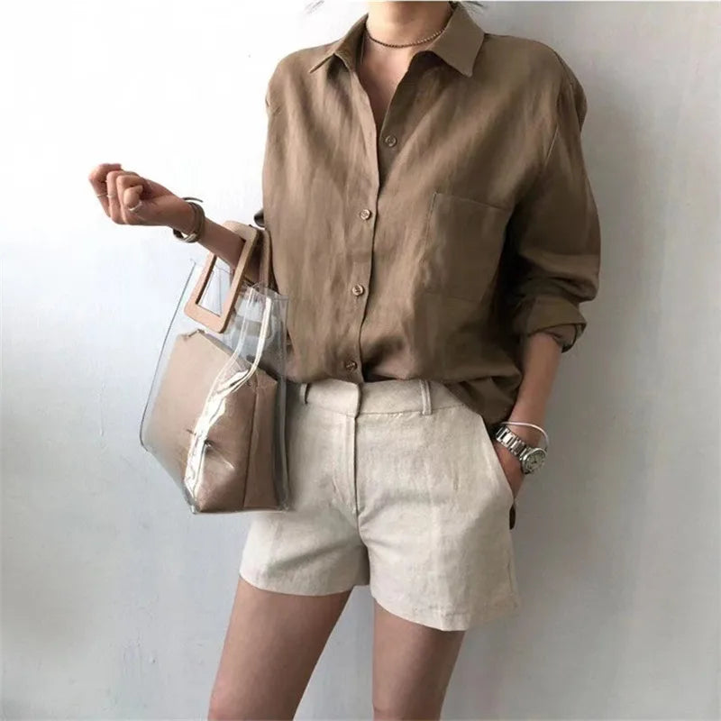 Korean Fashion Lady Thin Soft Linen Blouse 2025 Summer Spring Design Long Sleeves Loose Women Shirts