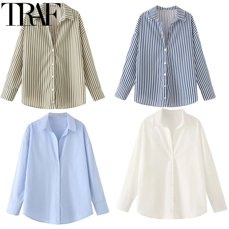 TRAF 2025 Shirts Blouses New Long Striped Shirt Women Long Sleeve Casual Shirts Large Tops Summer Plain Button Up Shirts 088
