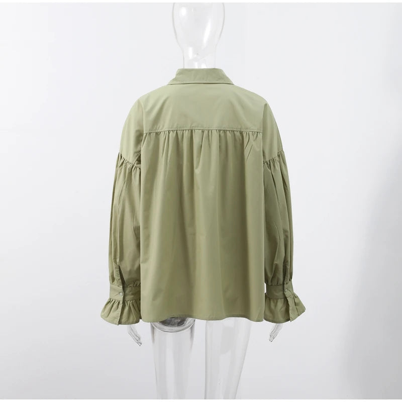 Casual Shirts Women Loose Lantern Sleeve Buttons Turn-Down Collar Pleated Blouse Lady Spring Summer Green Shirts Woman All-match