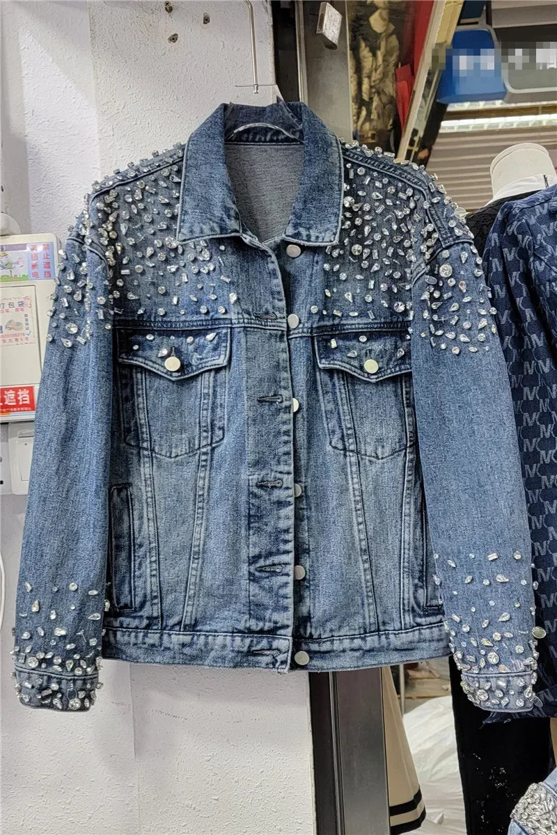 Retro Crystal Denim Coat Diamonds Beaded Jeans Bomber Jacket Cardigan Gemstones Cowboy Rhinestones Streetwear Tops Chaquetas