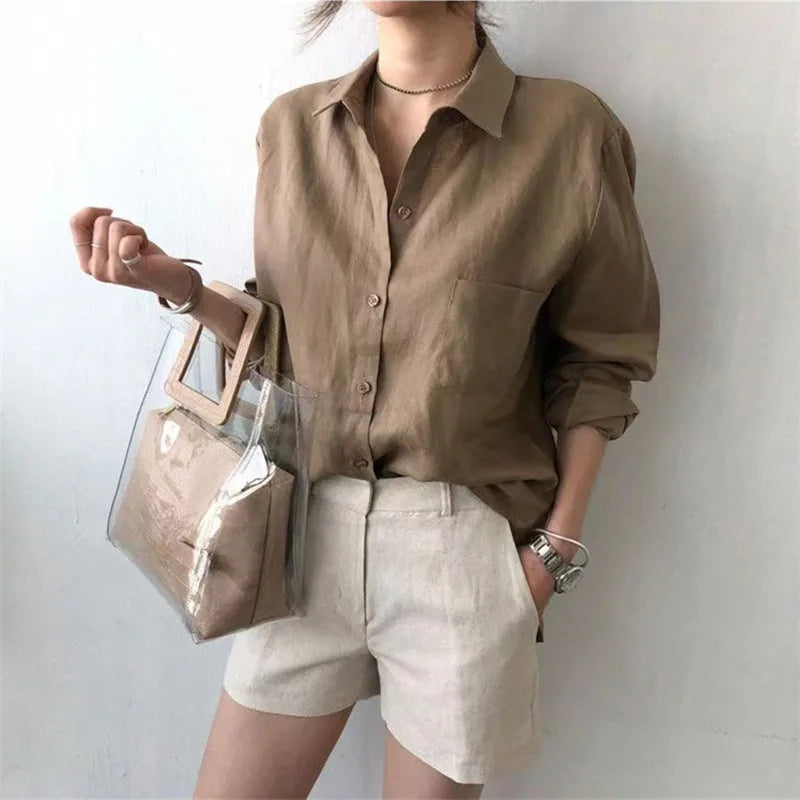Korean Fashion Lady Thin Soft Linen Blouse 2025 Summer Spring Design Long Sleeves Loose Women Shirts
