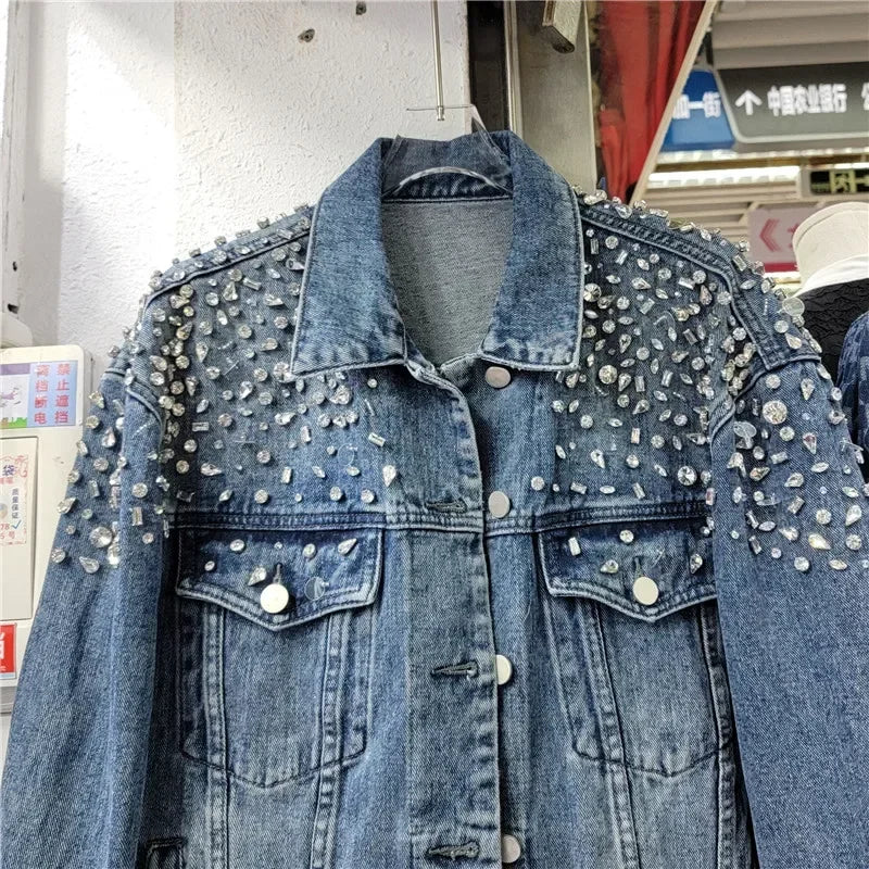 Retro Crystal Denim Coat Diamonds Beaded Jeans Bomber Jacket Cardigan Gemstones Cowboy Rhinestones Streetwear Tops Chaquetas