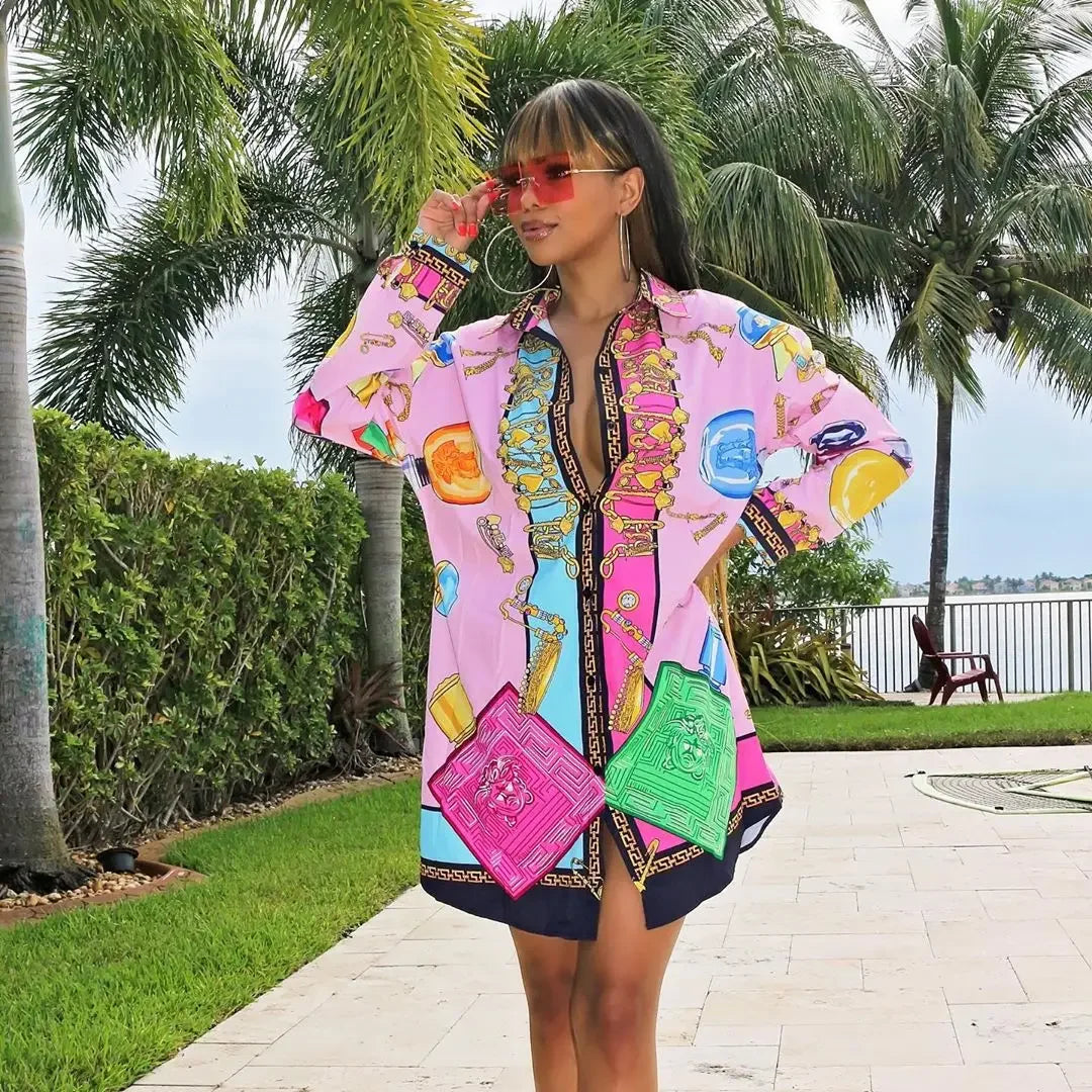 Casual Digital Loose-Fit J2136 Women's Shirt Dress With Button Fendered Printed Pattern Cross-Border Style For All Seasons