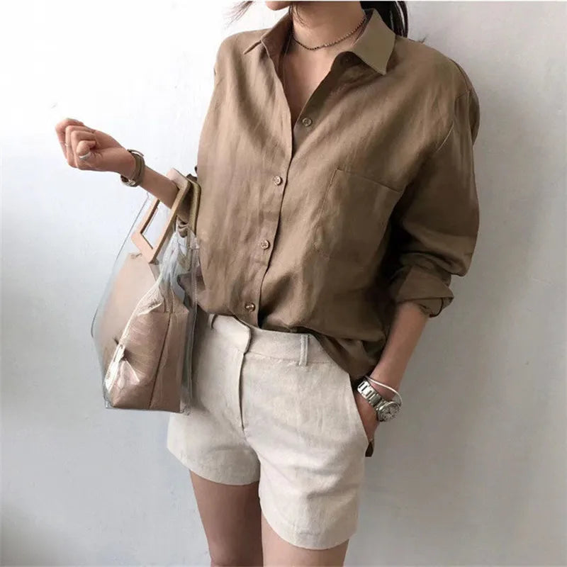 Korean Fashion Lady Thin Soft Linen Blouse 2025 Summer Spring Design Long Sleeves Loose Women Shirts