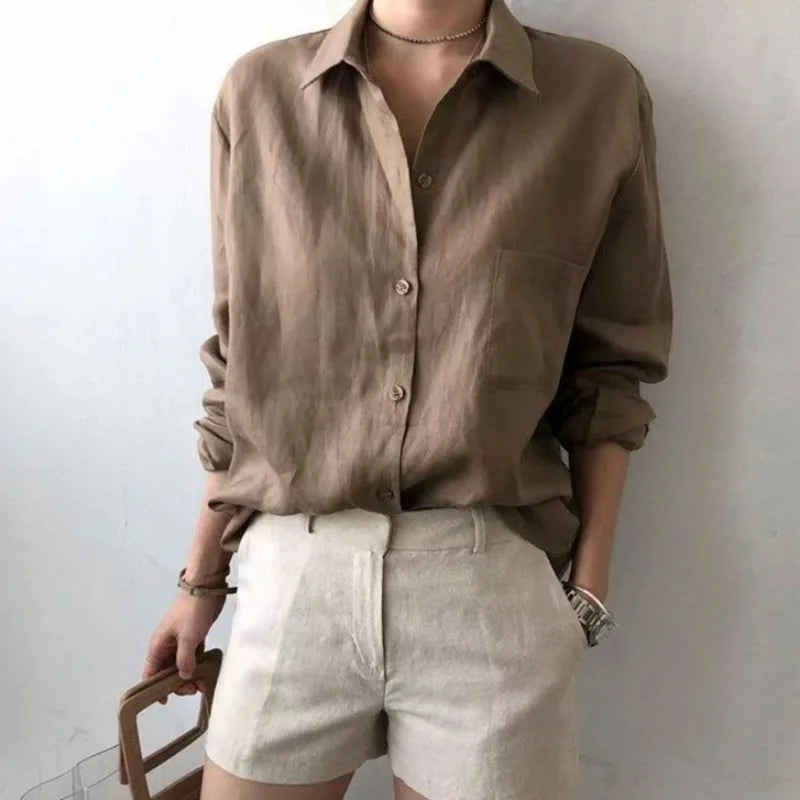 Korean Fashion Lady Thin Soft Linen Blouse 2025 Summer Spring Design Long Sleeves Loose Women Shirts