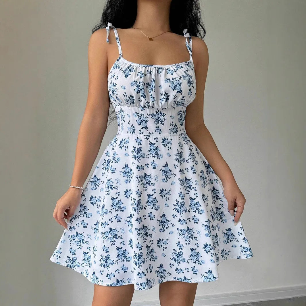 Floral Strap Short Dress Square Neck Summer Women's Strap Floral Dress Fashion Daily Women's Wear 2025 Floral Strap Dress