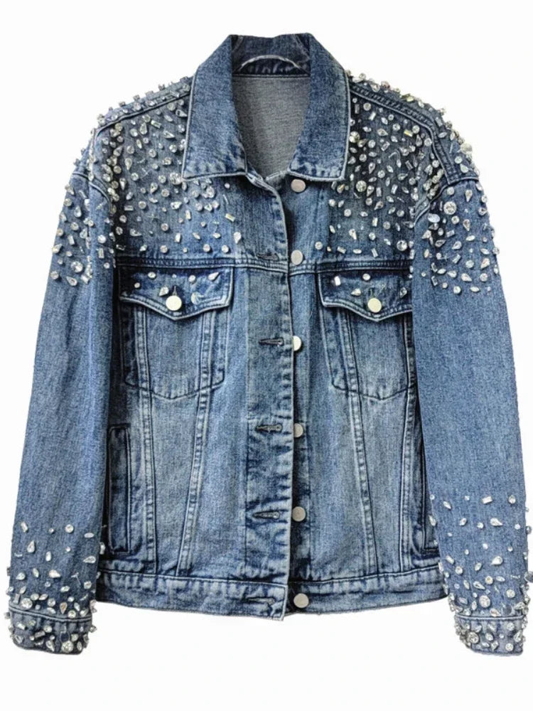 Retro Crystal Denim Coat Diamonds Beaded Jeans Bomber Jacket Cardigan Gemstones Cowboy Rhinestones Streetwear Tops Chaquetas