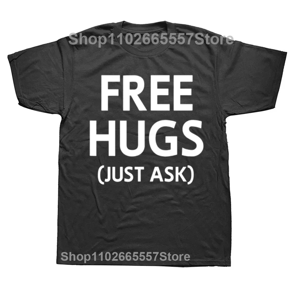 Free Hugs And Maybe A Kiss Graphic Print Tops Men Oversized New Funny T-shirt Summer Hip Hop Short Sleeve Crewneck T Shirts